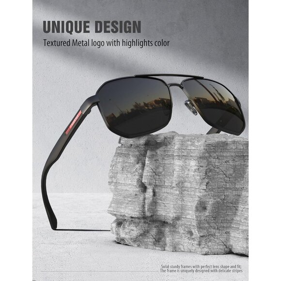 LUENX Mens Aviator Sunglasses Polarized Square 61mm UV400 Driving Outdoor Black - Picture 5 of 6